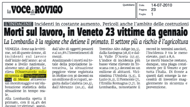LA VOCE DI ROVIGO - Morti sul lavoro in Veneto 23 vittime da ... &copy; Creative Commons