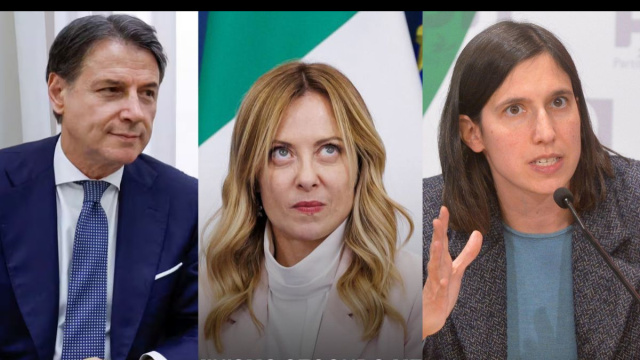 Giuseppe Conte, Giorgia Meloni ed Elly Schlein (&copy; Facebook)