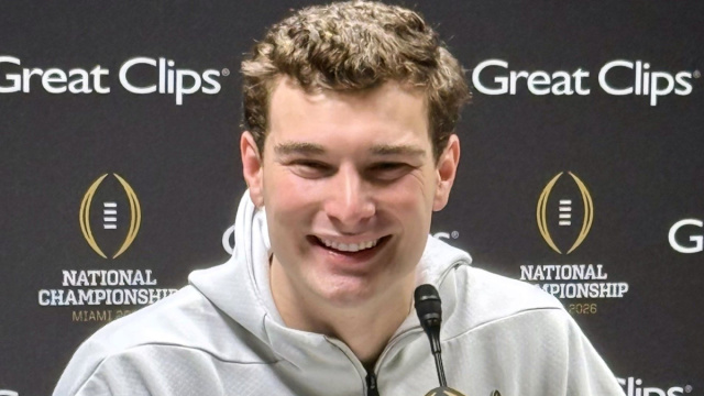 Fernando Mendoza, quarterback of the Indiana Hoosiers, at the media day press conference in the Miami Beach Convention Center