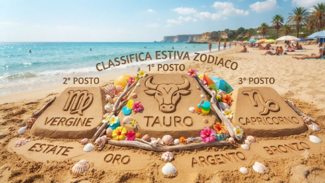 Podio sulla sabbia e spiaggia del 5/08: Toro 1&deg;, Vergine 2&deg;, Capricorno 3&deg;-&copy;Gemini AI