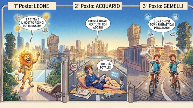 Podio degli amanti delle citt&agrave; vuote in agosto in cartoon e fumetto-- &copy; Gemini AI