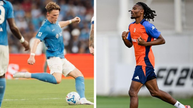 Scott McTominay, centrocampista del Napoli. Foto &copy; X Napoli. Khephren Thuram, centrocampista della Juventus. Foto &copy; Juventus