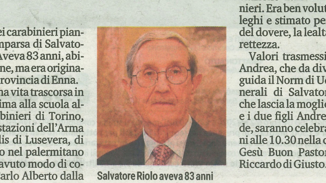 &Egrave; morto Salvatore Riolo. Una vita con la divisa dell'Arma dei ... &copy; Creative Commons