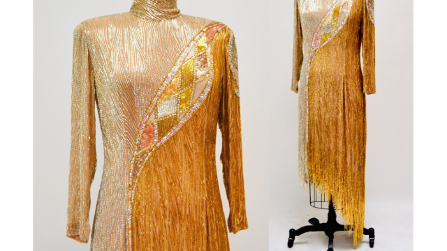 Abito da sposa vintage anni '80 BOB MACKIE con paillettes dorate ... &copy; Creative Commons