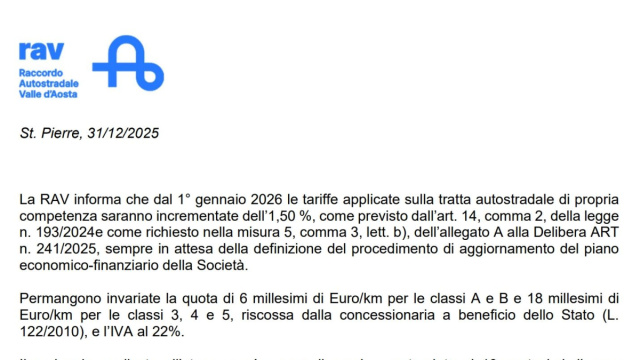TARIFFE: DAL 1&deg; GENNAIO 2026 IN VIGORE L'ADEGUAMENTO DELL' 1,50%  RAV &copy; Creative Commons