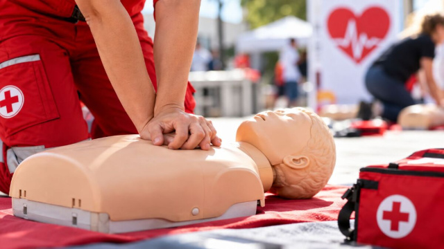 Le manovre di rianimazione cardiopolmonare durante un&rsquo;esercitazione BLS, fondamentali nei primi minuti dopo un arresto cardiaco.
